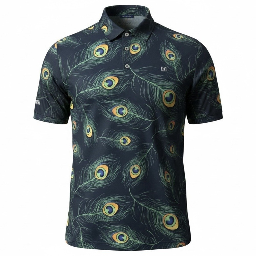 Hreski Performance Golf Polo Shirt Peacock Print Men's Size M